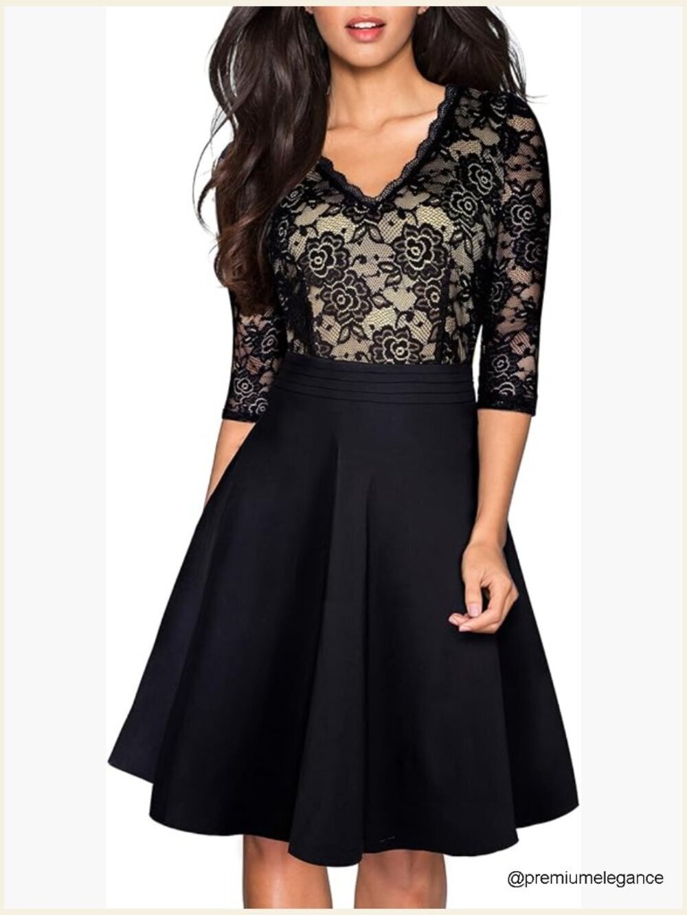 V-Neck Lace Patchwork Flare Party Dress Knee-Length A-Line